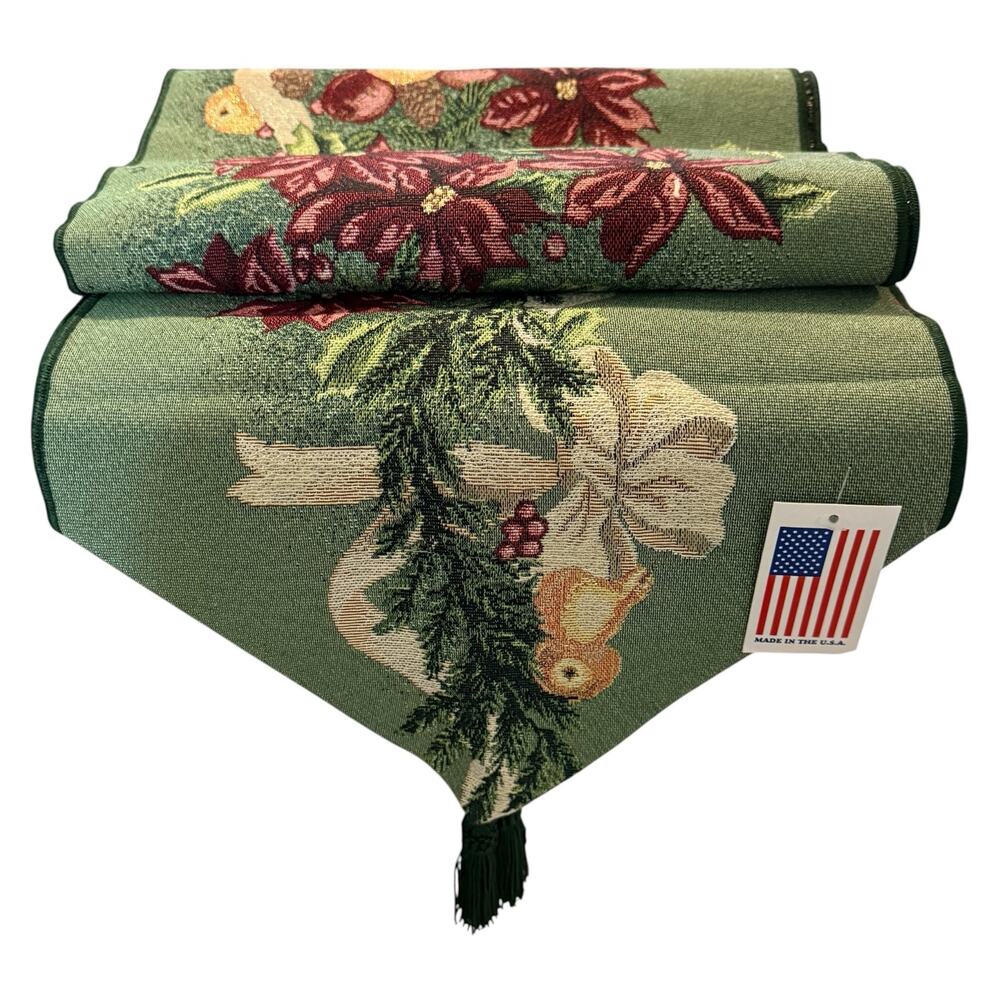 Manual Tapestry Christmas Table Runner Poinsettia Candle Garland 13x72 NWT Vtg